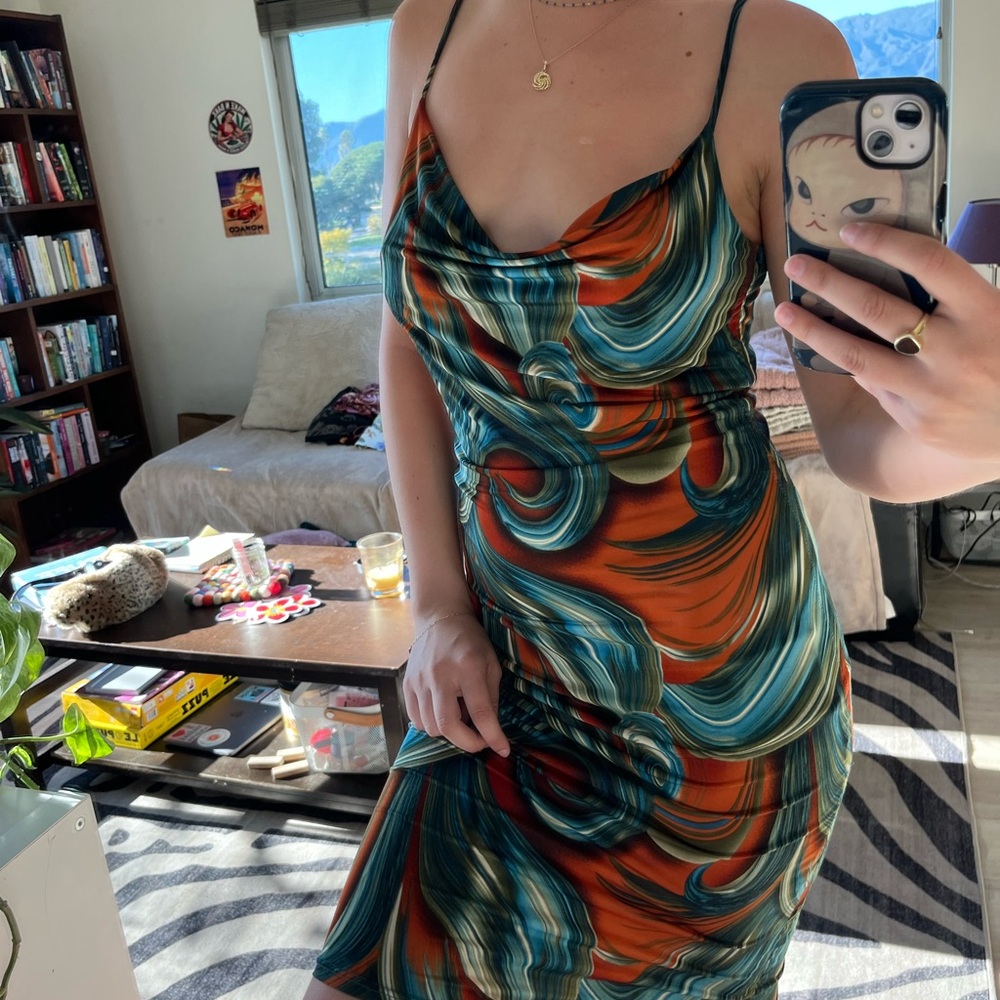 Timing Orange Blue Bodycon Midi Dress Spaghetti Strap